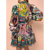 Ladies' Matching Piece Rainbow Psychedelic Print Wrap Dress - Long Puff Sleeves, Stand Collar, Tiered Mini, Comfortable Bohemian Art Graphic Belted Fabric Statement Dress with Accessories