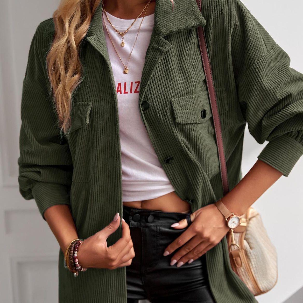 Women's Basic Plain Long Corduroy Shirt Jacket Coats - Collared Neck, Button-Down, Elegant Cuff Sleeves, Comfortable Loose Fit, Tops for Women, Office & Casual Commuter Outerwear with Elegance & Style