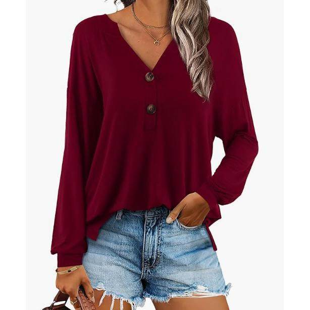 Women's Breathable Henley Long-Sleeve V-Neck Button-Decor Casual Loose Solid Minimalist Tunic Blouse, Everyday Hip Fall Basic Top for Layering Under Jackets