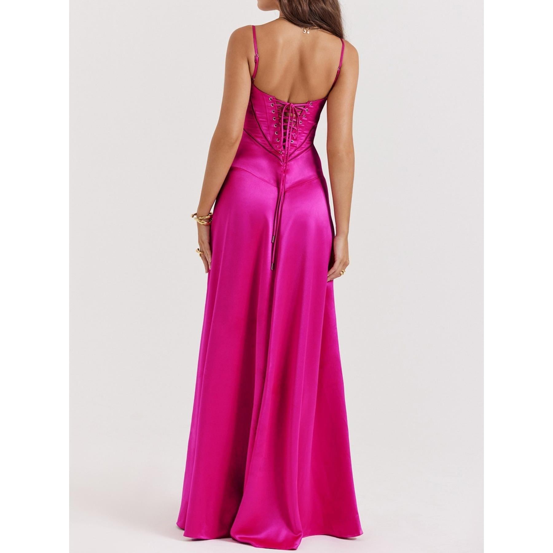 Women Satin Spaghetti Strap Maxi Dress Square Neck Corset Lace Up Back Formal Evening Gown Wedding Guest Prom Party Long Dre. sss