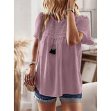 Women Swiss Dot Lace Tunic Top, Round Neck Puff Short Sleeve Loose Flowy Boho Blouse Casual Summer Shirt