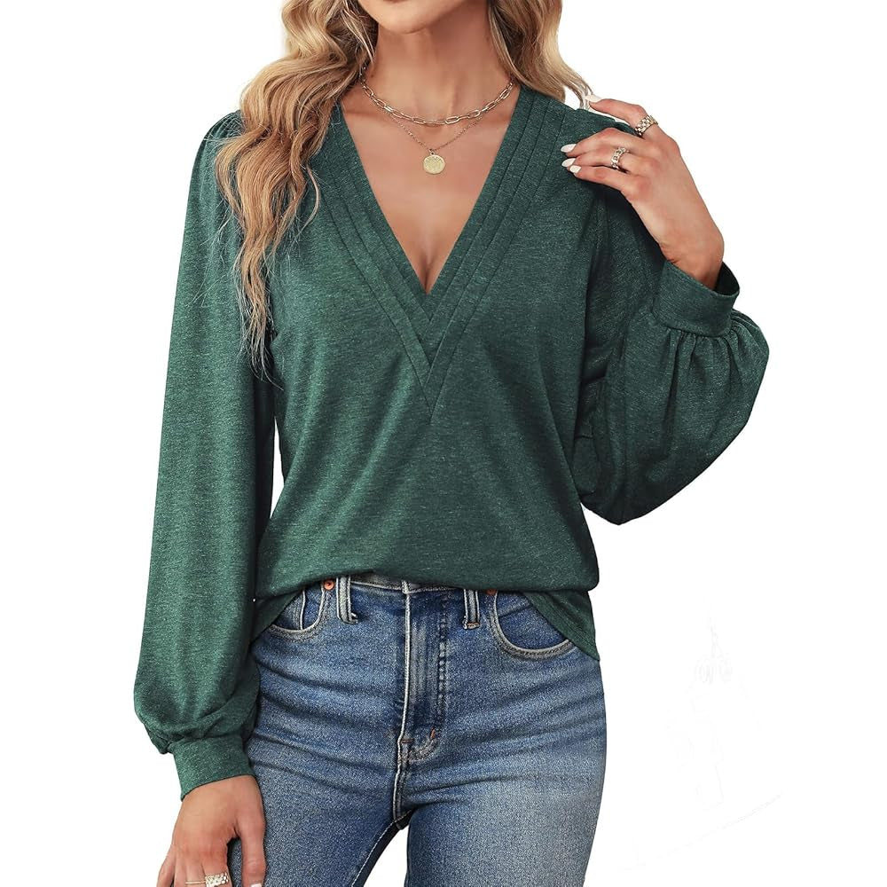 Women's Feminine Knit Deep V-Neck Long Sleeve Blouses - Puff Lantern Sleeves, Pleated Front, Basic Comfy Stretchy Solid Color Loose Fit Casual Shirts for Daily Wear