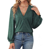 Women's Feminine Knit Deep V-Neck Long Sleeve Blouses - Puff Lantern Sleeves, Pleated Front, Basic Comfy Stretchy Solid Color Loose Fit Casual Shirts for Daily Wear