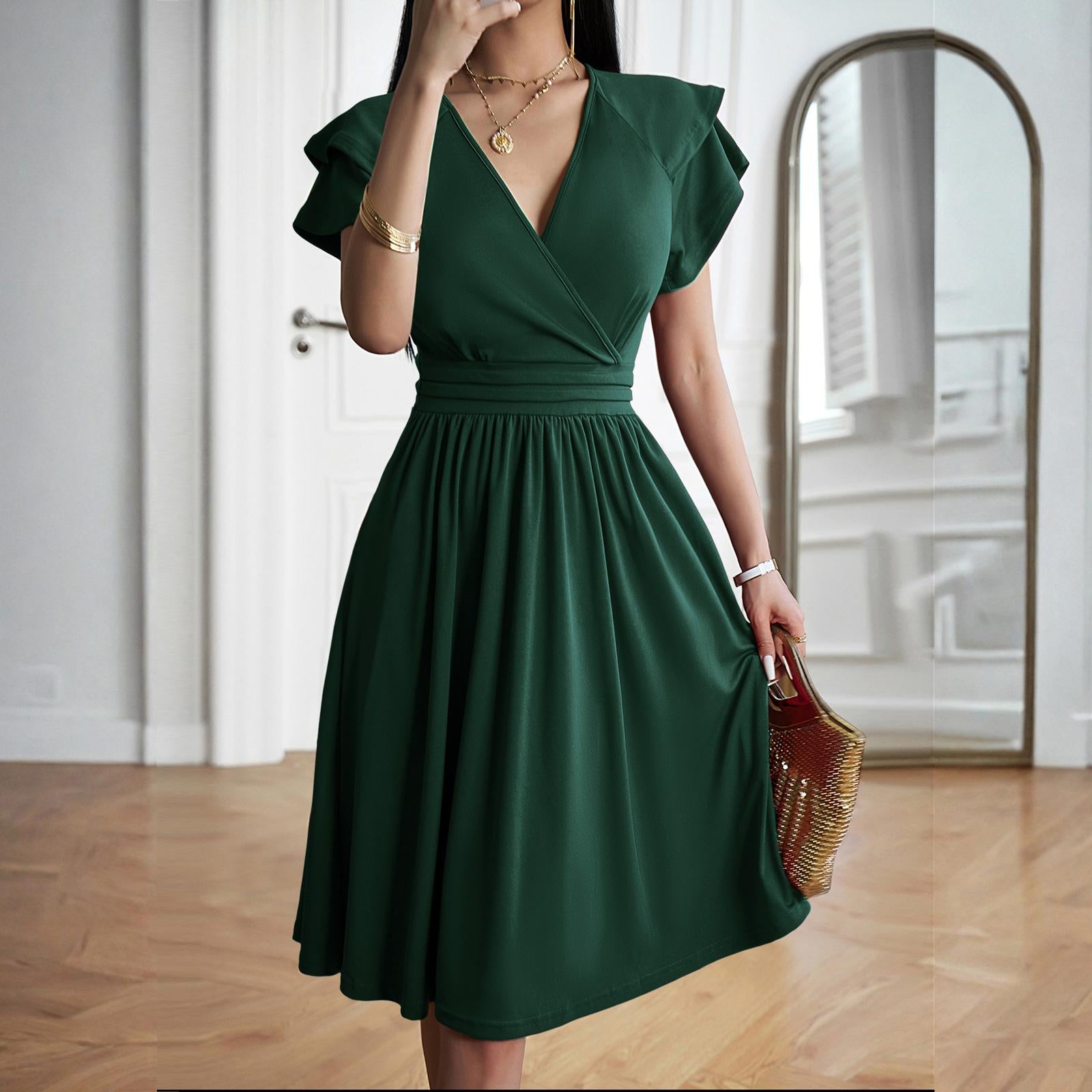 Women's Minimalist Soft Wrap V-Neck Ruffle Sleeve High-Waist Flared A-Line Midi Dress - Solid Color Elegant Chic Casual Wear Cocktail Dress with Hip-Flattering Skirt
