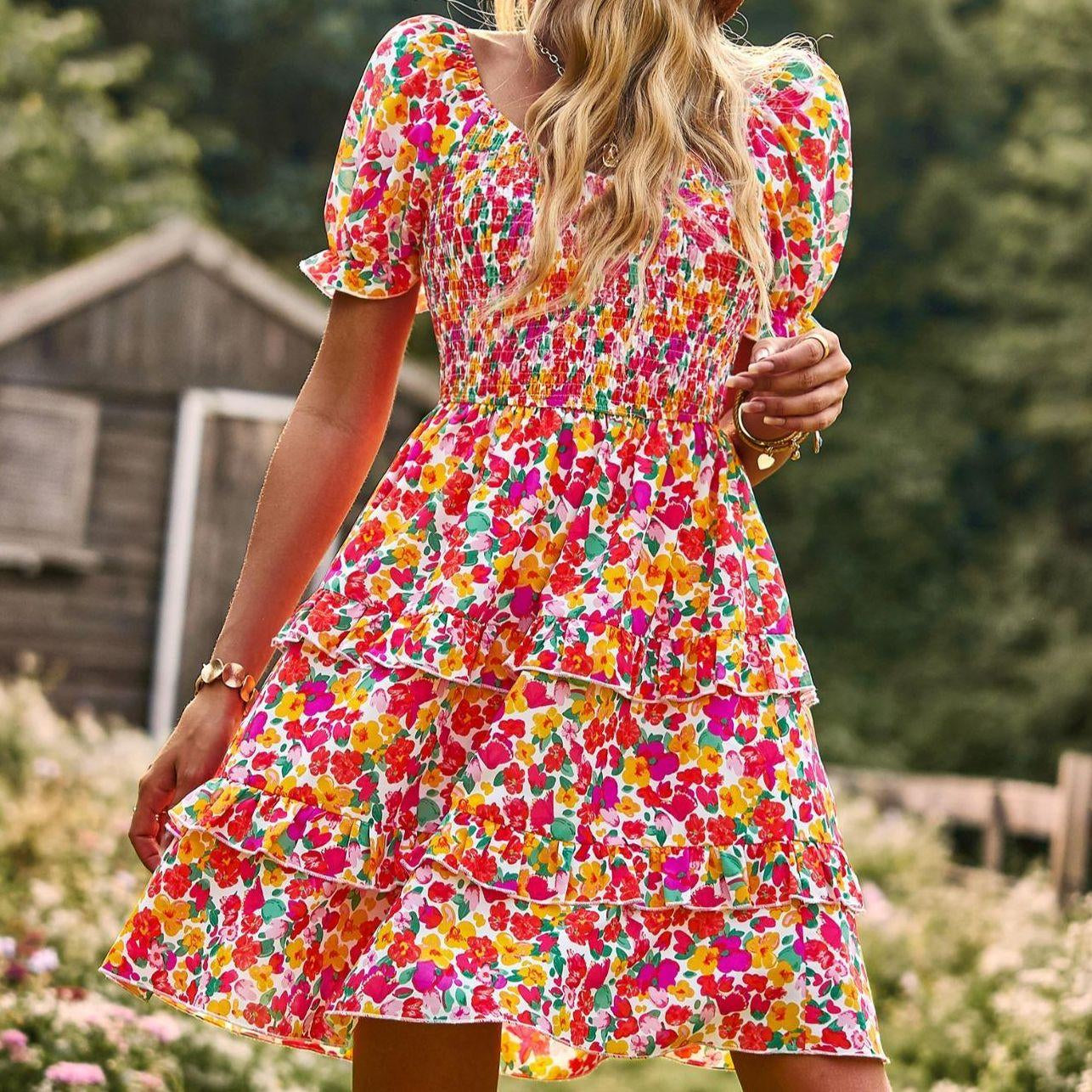Women’s Comfortable Elegant Off-The-Shoulder Scoop Neck A-Line Mini Dress - Short Puff Sleeves, Ruffle Details, Ditsy Floral Print, Bohemian Pull-On Style for Vacations, Beach