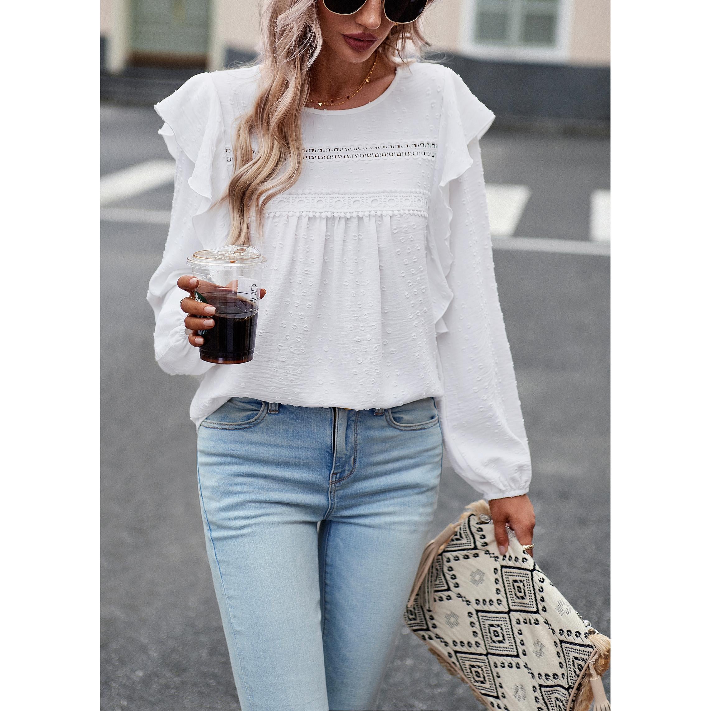 Women's Soft Feminine Swiss Dot Blouse - Long Sleeve, Round Neck with Lace Cutout, Loose Flowy Casual Comfy Boho Tunic Top with Soft Fabric