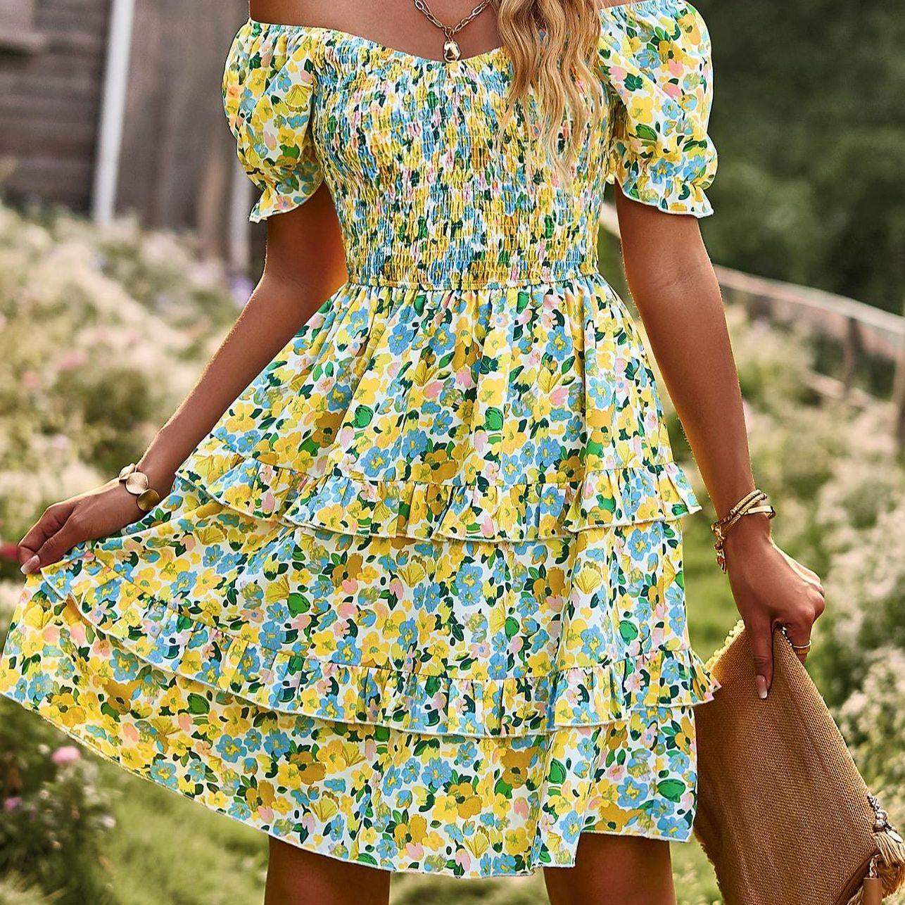 Women’s Comfortable Elegant Off-The-Shoulder Scoop Neck A-Line Mini Dress - Short Puff Sleeves, Ruffle Details, Ditsy Floral Print, Bohemian Pull-On Style for Vacations, Beach