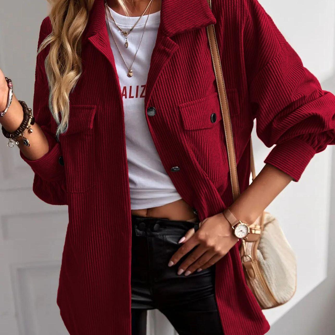 Women's Basic Plain Long Corduroy Shirt Jacket Coats - Collared Neck, Button-Down, Elegant Cuff Sleeves, Comfortable Loose Fit, Tops for Women, Office & Casual Commuter Outerwear with Elegance & Style