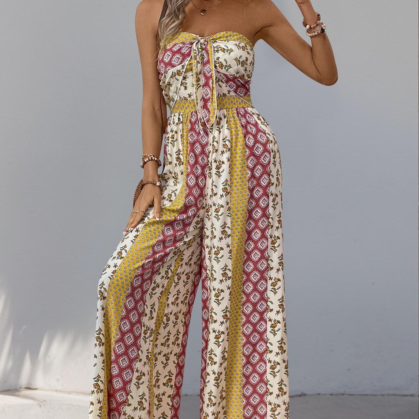 Women's Bohemian Vintage Exotic Strapless Tube Top Jumpsuit - Tie-Front, Soft Viscose, Stretch Waist, Smocked High Waist, Wide Leg, Long Cut, Slimming Summer Printed Beach Vacation Essential Outfit