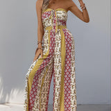 Women's Bohemian Vintage Exotic Strapless Tube Top Jumpsuit - Tie-Front, Soft Viscose, Stretch Waist, Smocked High Waist, Wide Leg, Long Cut, Slimming Summer Printed Beach Vacation Essential Outfit