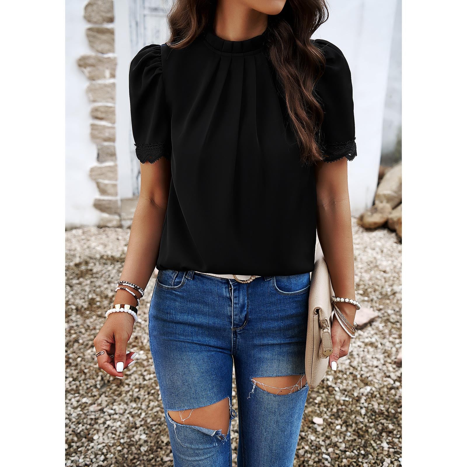Women's Mock Neck Puff Short Sleeve Blouse, Elegant Lace Trim Pleated Front Loose Fit Summer Chiffon Tunic Top for Office Casual
