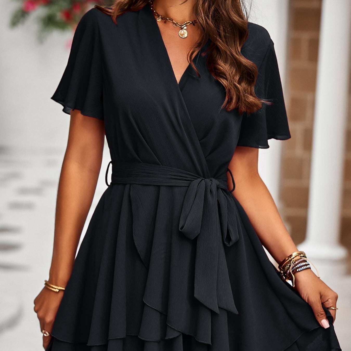 Women's Breathable Soft Chiffon Wrap V-Neck Mini Dress - Short Flutter Sleeves, Tiered Ruffles, Belted, 1-Piece Casual Evening Cocktail Formal Dress with Zipper