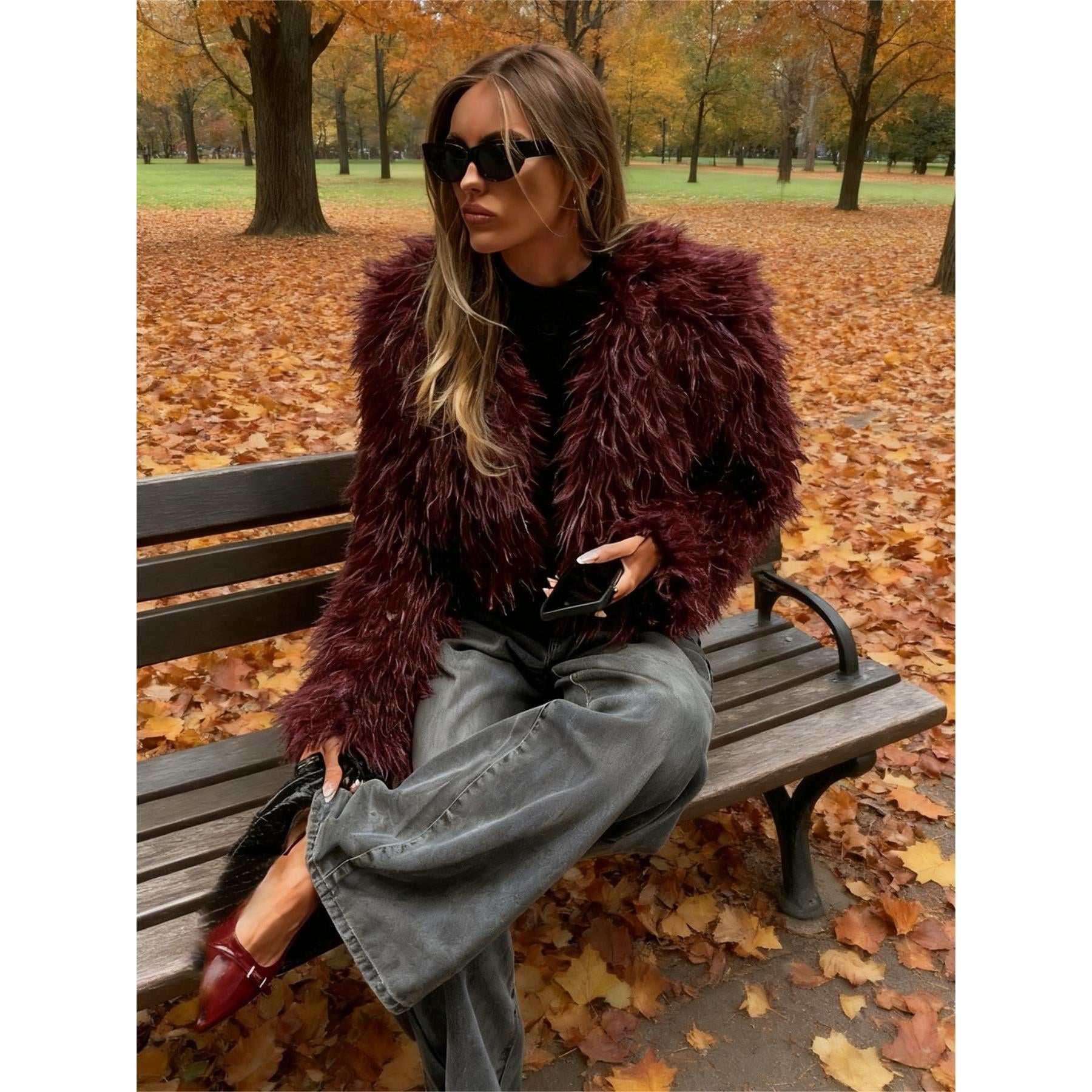 Women Shaggy Faux Fur Cropped Jacket, Long Fluffy Mongolian Faux Fur Open Front Short Coat, Trendy Fall Winter Streetwear Outerwear for Night Out Party