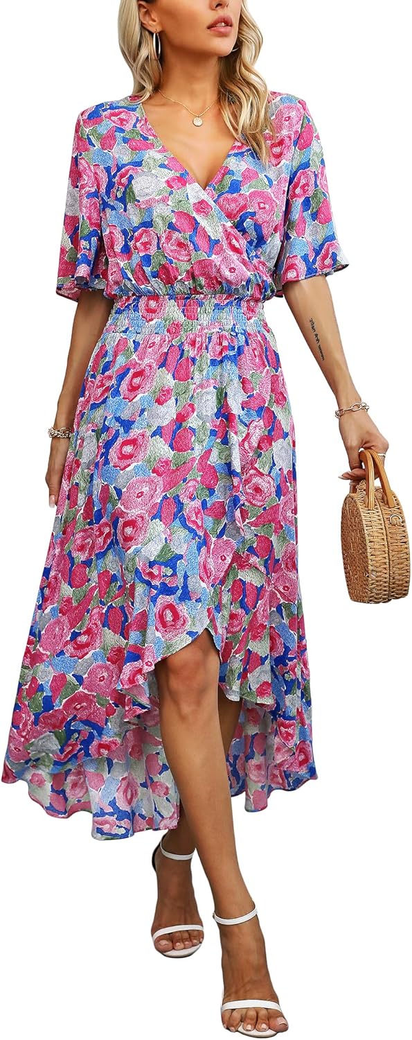 Womens Short Sleeve Floral High Low V-Neck Flowy Party Long Maxi Dress