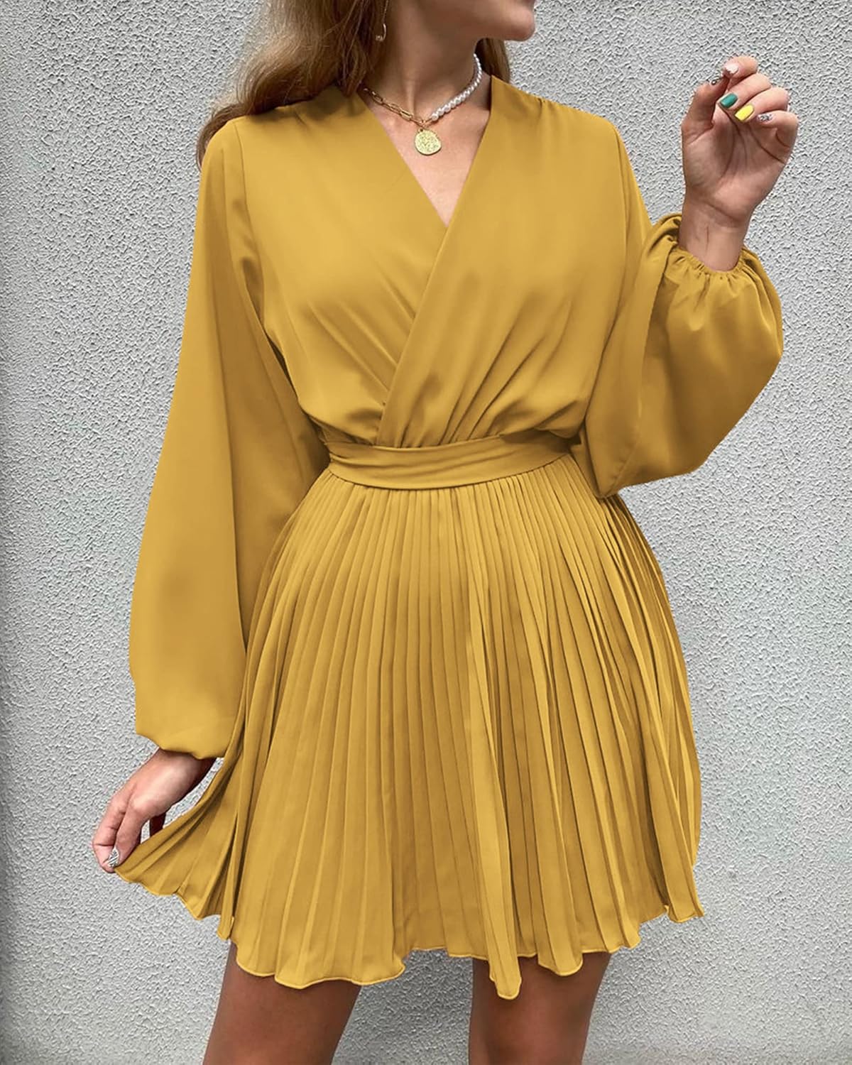 Women Casual Summer Fall Dresses 2023 Boho Wrap V Neck Puff Long Sleeve Cocktail Flowy Pleated A-Line Mini Dress