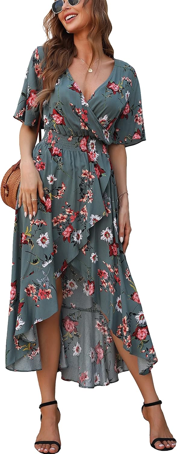 Womens Short Sleeve Floral High Low V-Neck Flowy Party Long Maxi Dress