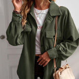 Women's Basic Plain Long Corduroy Shirt Jacket Coats - Collared Neck, Button-Down, Elegant Cuff Sleeves, Comfortable Loose Fit, Tops for Women, Office & Casual Commuter Outerwear with Elegance & Style
