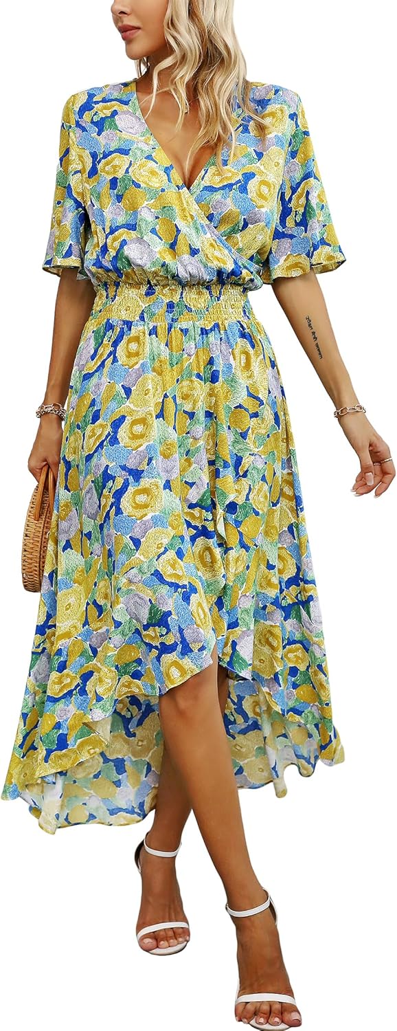 Womens Short Sleeve Floral High Low V-Neck Flowy Party Long Maxi Dress