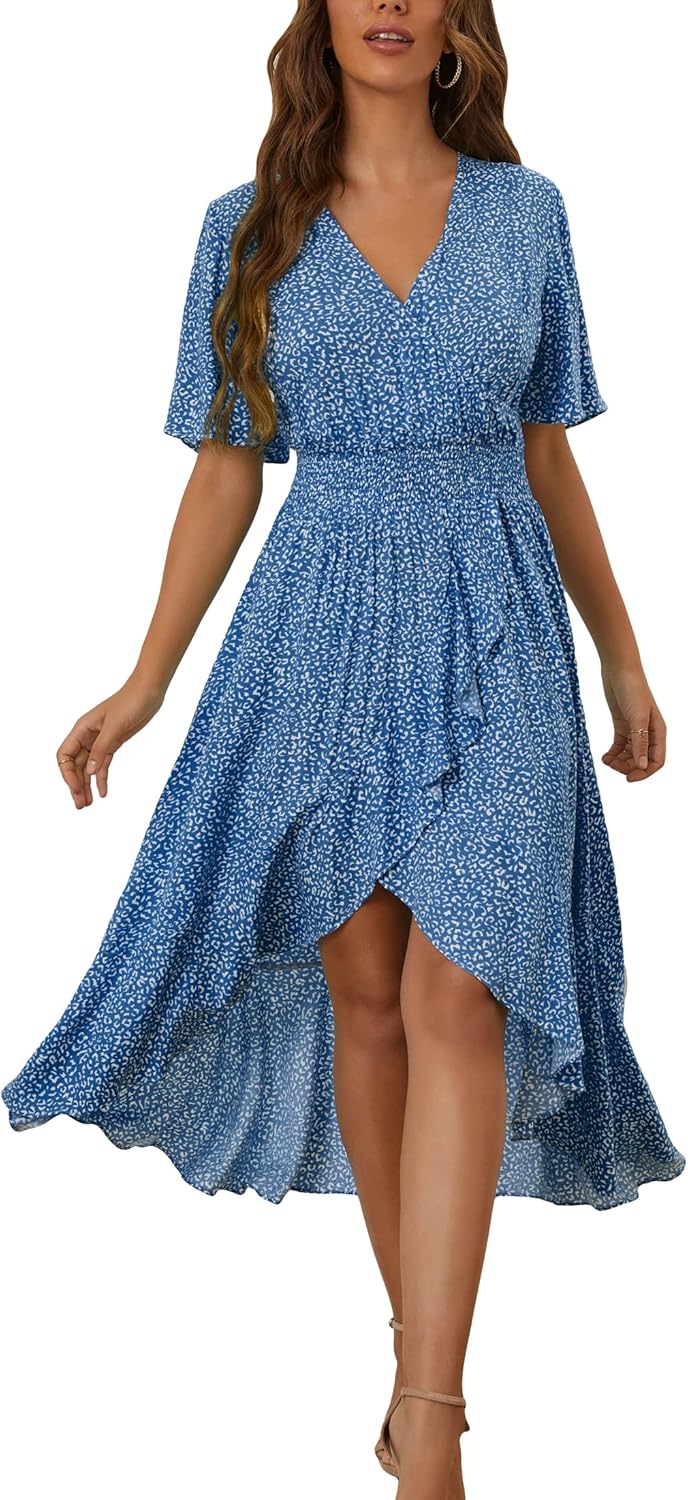 Womens Short Sleeve Floral High Low V-Neck Flowy Party Long Maxi Dress