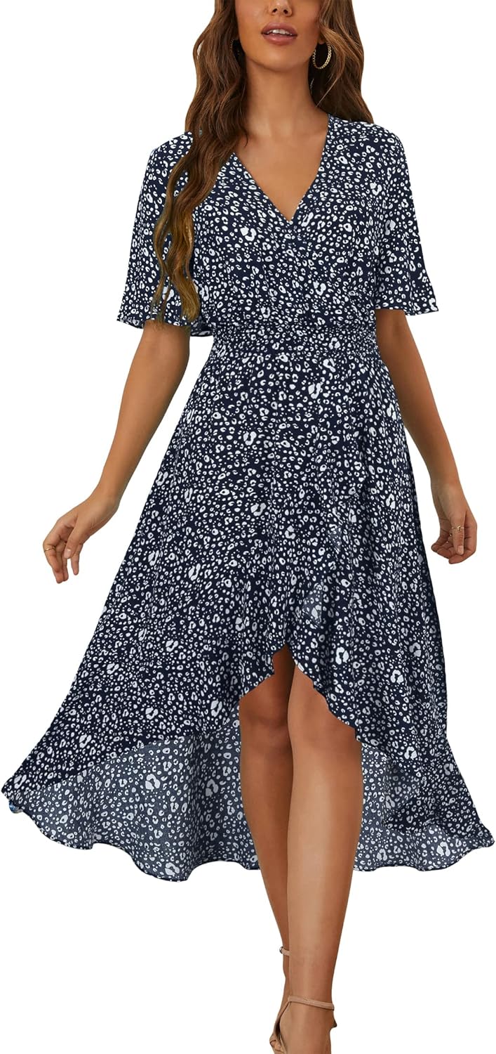 Womens Short Sleeve Floral High Low V-Neck Flowy Party Long Maxi Dress