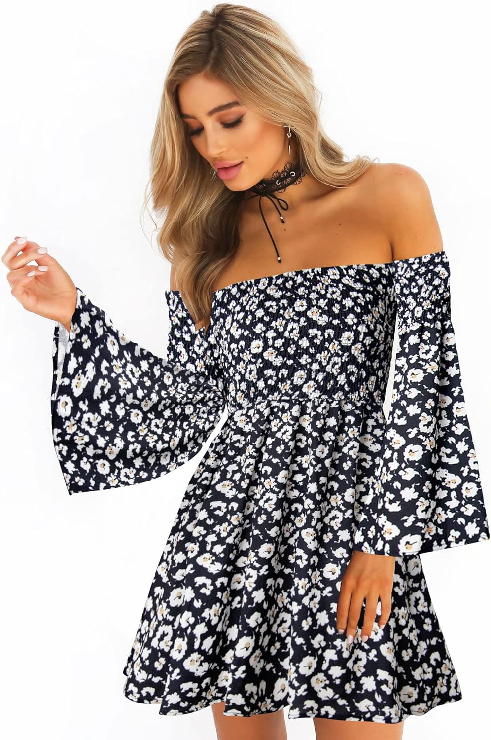 Women's Dress Summer Floral Long Sleeve Off Shoulder Casual Mini Dresses