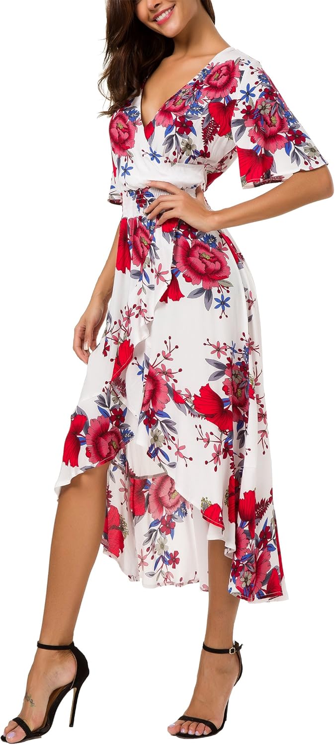 Womens Short Sleeve Floral High Low V-Neck Flowy Party Long Maxi Dress