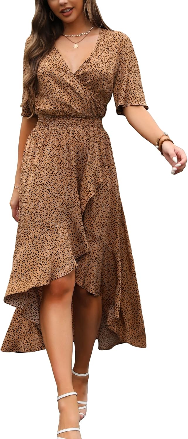 Womens Short Sleeve Floral High Low V-Neck Flowy Party Long Maxi Dress