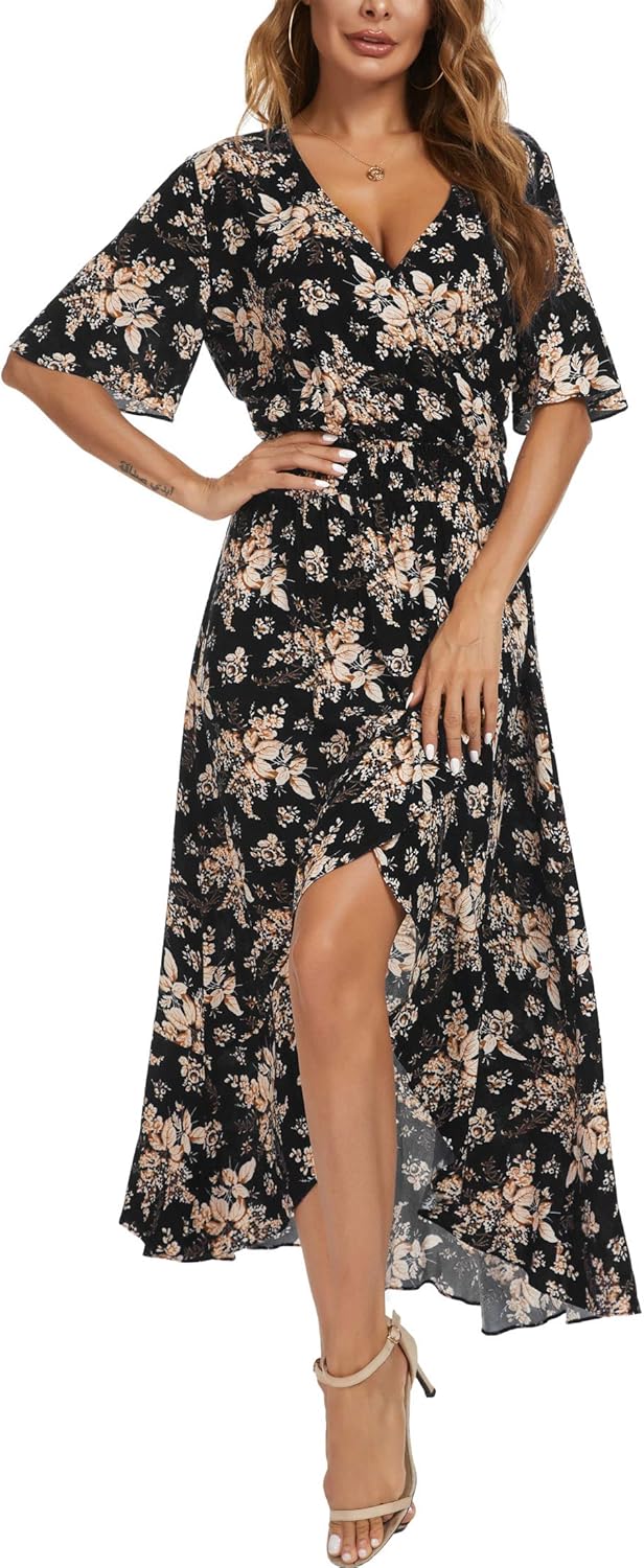 Womens Short Sleeve Floral High Low V-Neck Flowy Party Long Maxi Dress