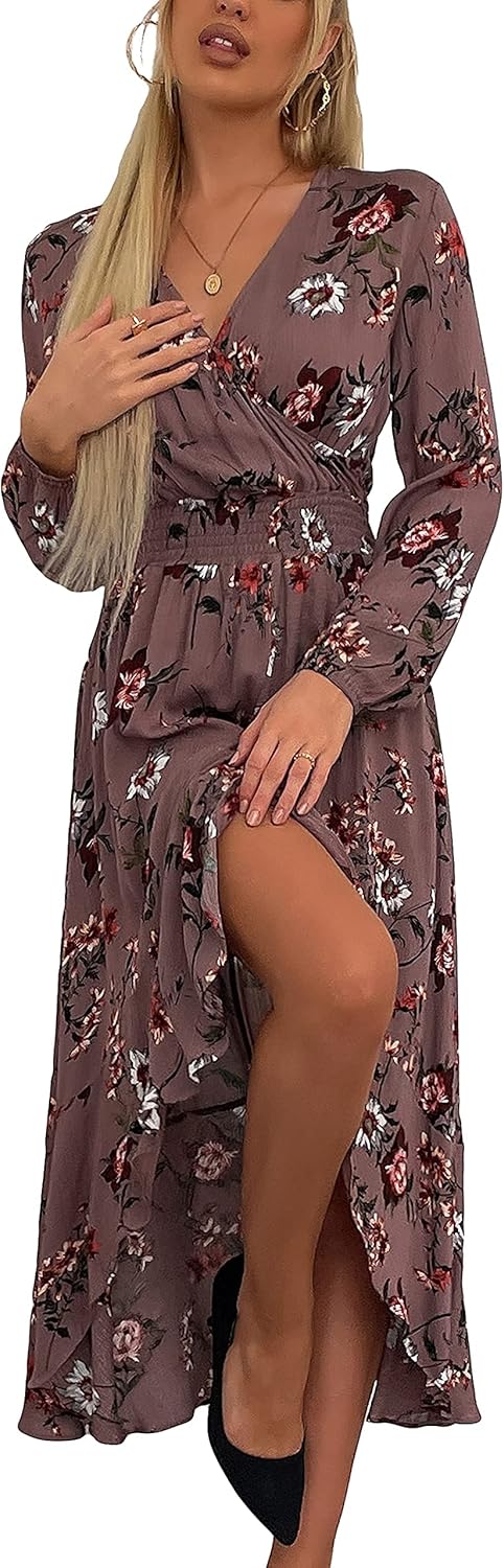 Womens Short Sleeve Floral High Low V-Neck Flowy Party Long Maxi Dress