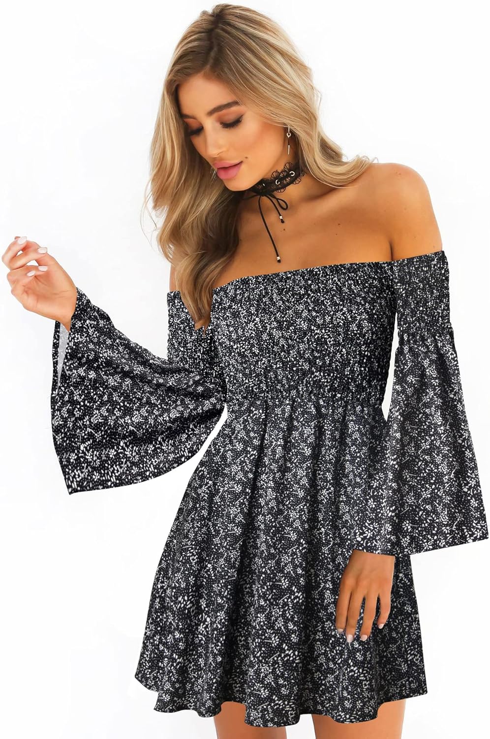 Women's Dress Summer Floral Long Sleeve Off Shoulder Casual Mini Dresses
