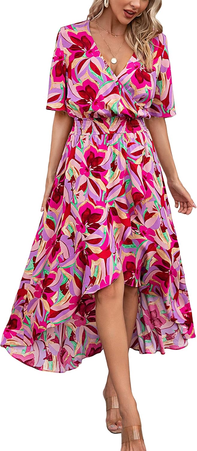 Womens Short Sleeve Floral High Low V-Neck Flowy Party Long Maxi Dress