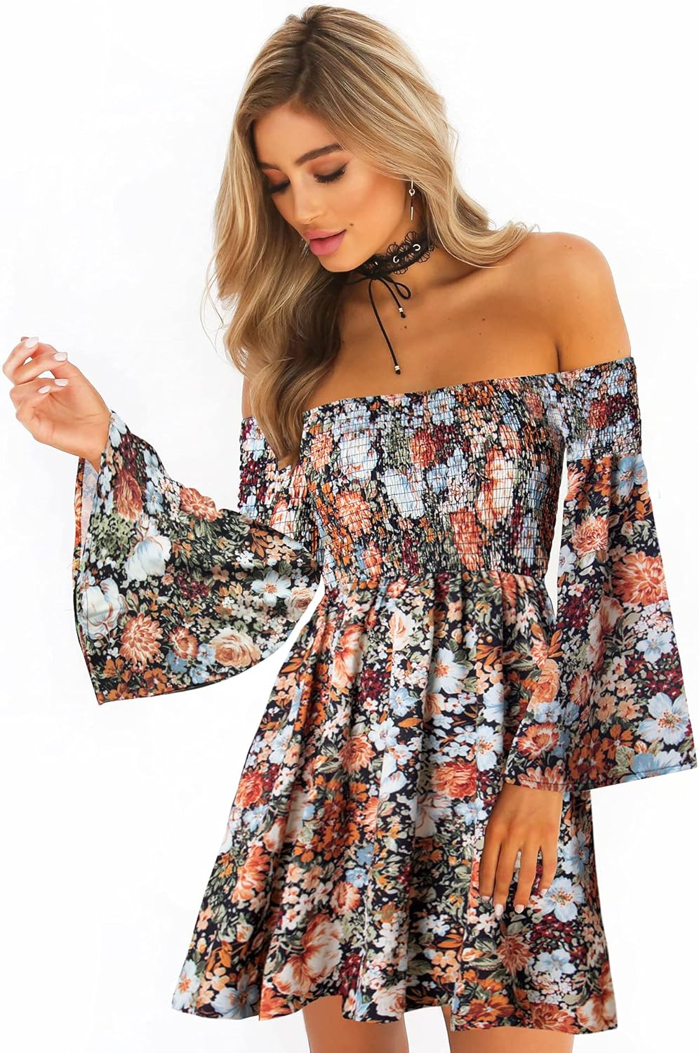 Women's Dress Summer Floral Long Sleeve Off Shoulder Casual Mini Dresses