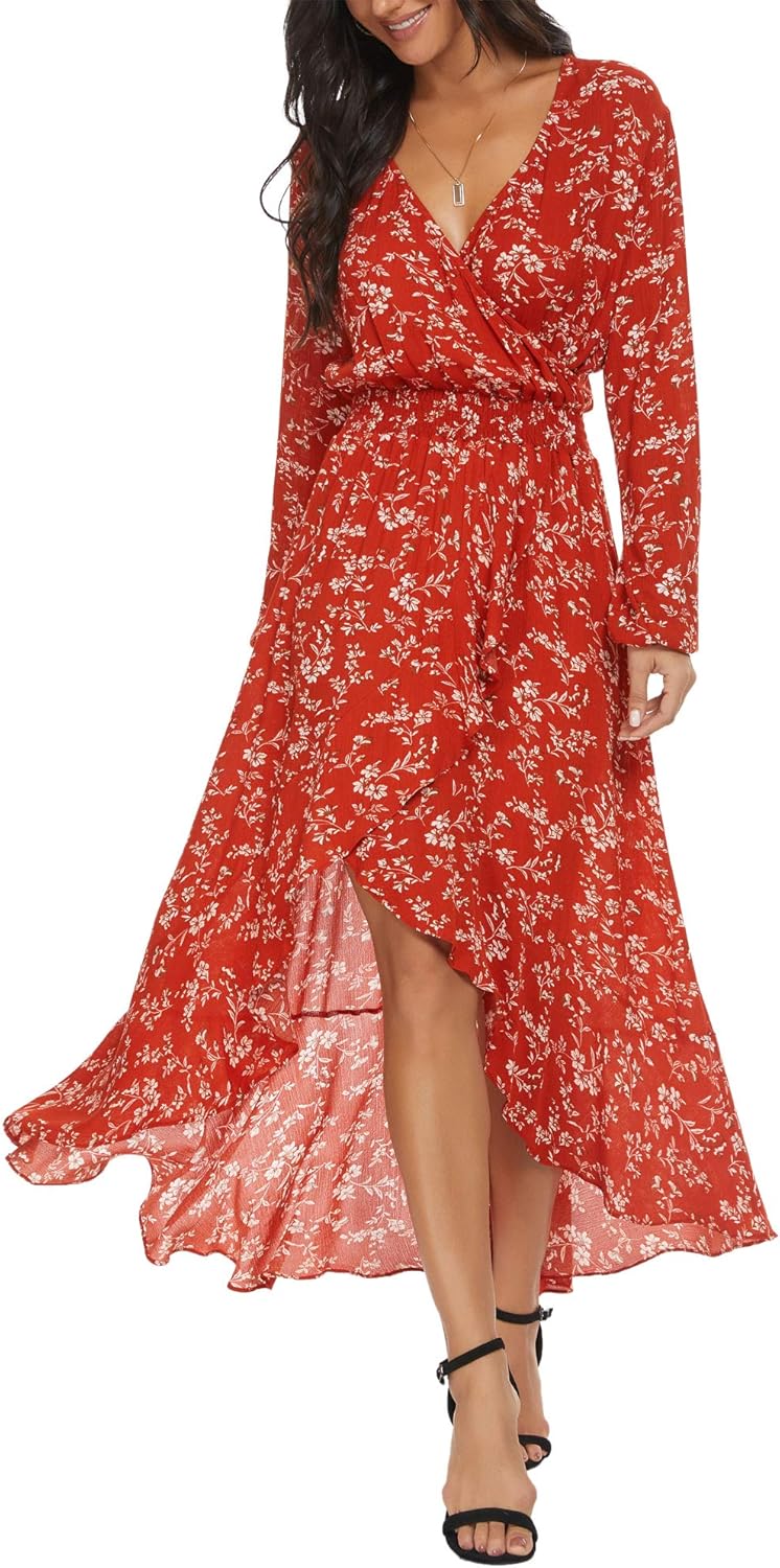 Womens Short Sleeve Floral High Low V-Neck Flowy Party Long Maxi Dress