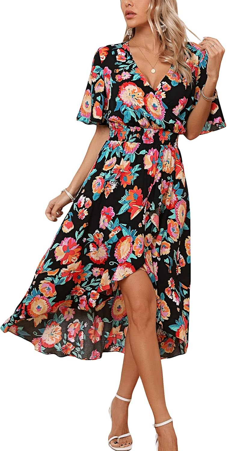 Womens Short Sleeve Floral High Low V-Neck Flowy Party Long Maxi Dress