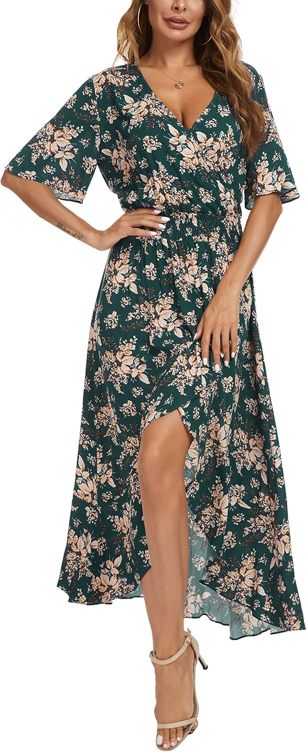 Womens Short Sleeve Floral High Low V-Neck Flowy Party Long Maxi Dress