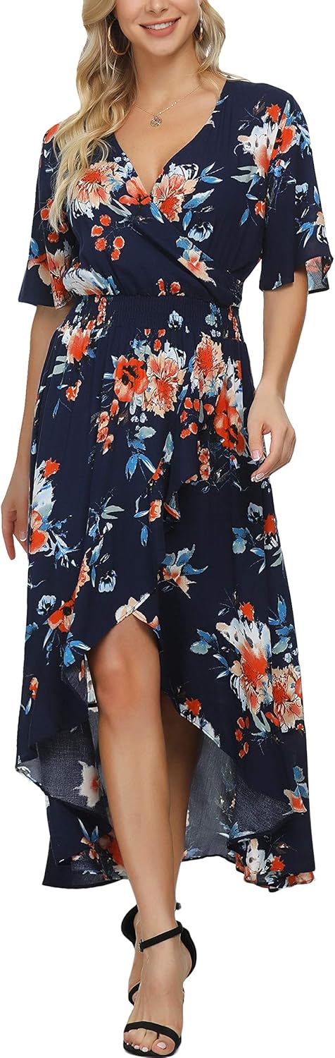 Womens Short Sleeve Floral High Low V-Neck Flowy Party Long Maxi Dress