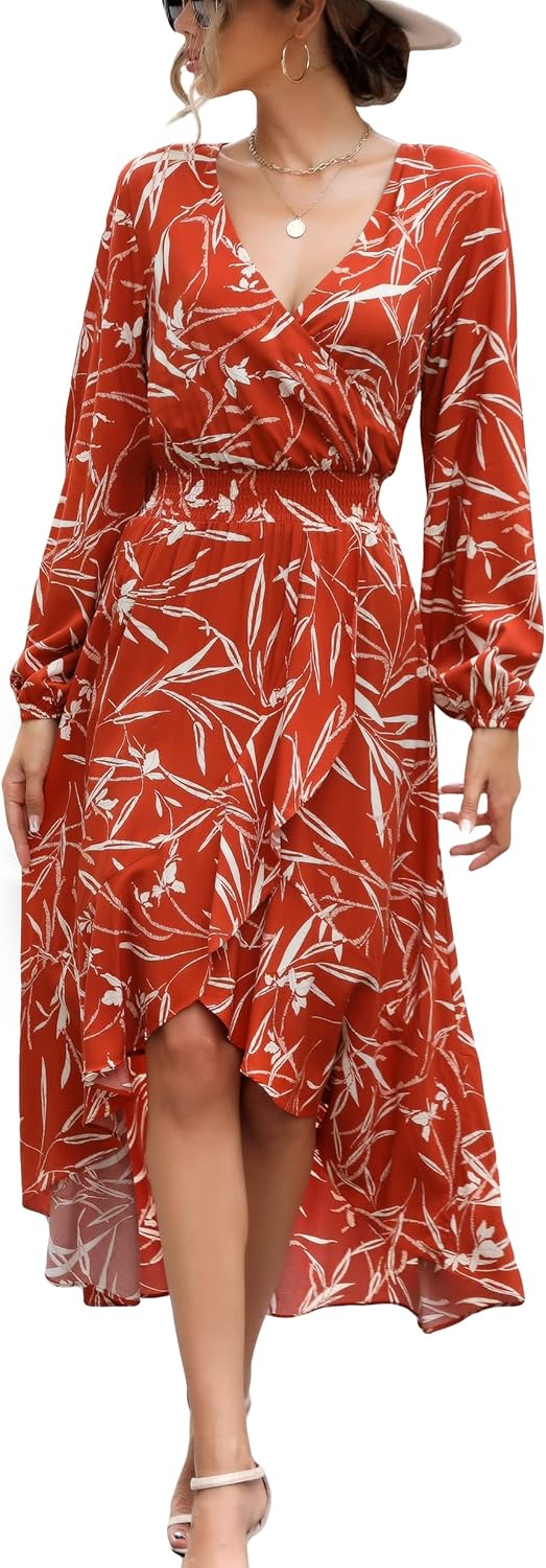 Womens Short Sleeve Floral High Low V-Neck Flowy Party Long Maxi Dress