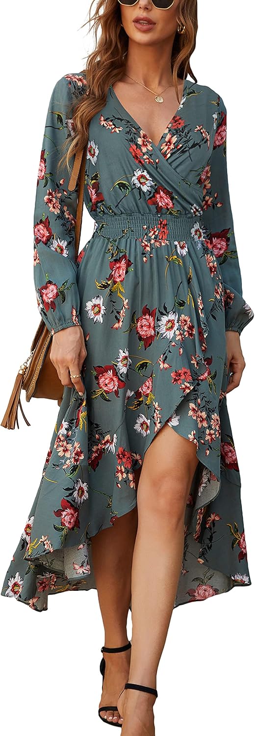 Womens Short Sleeve Floral High Low V-Neck Flowy Party Long Maxi Dress