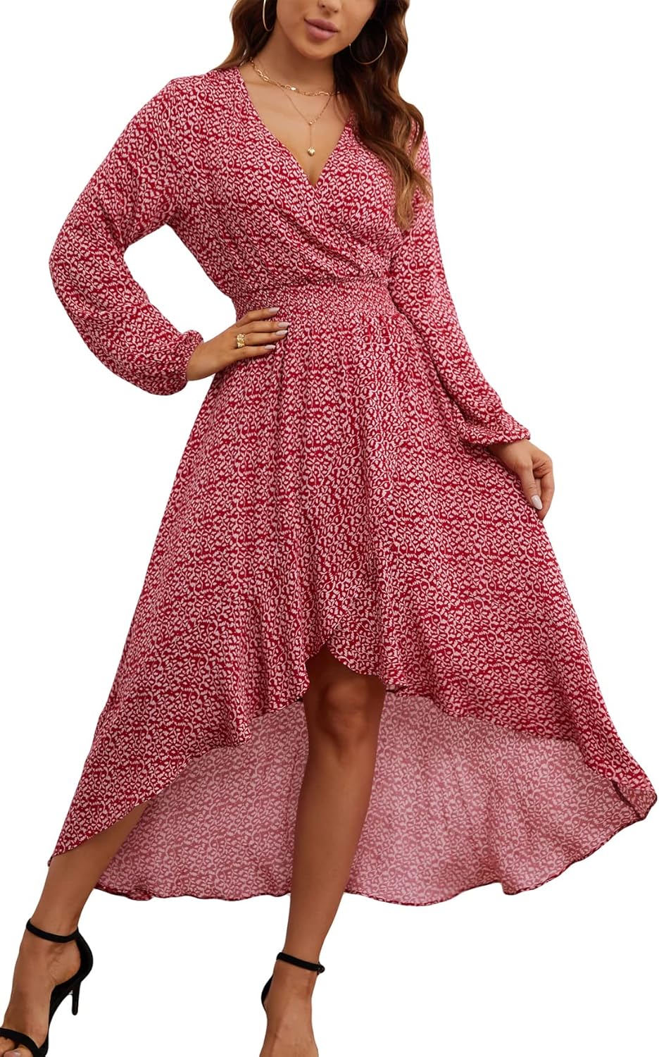 Womens Short Sleeve Floral High Low V-Neck Flowy Party Long Maxi Dress