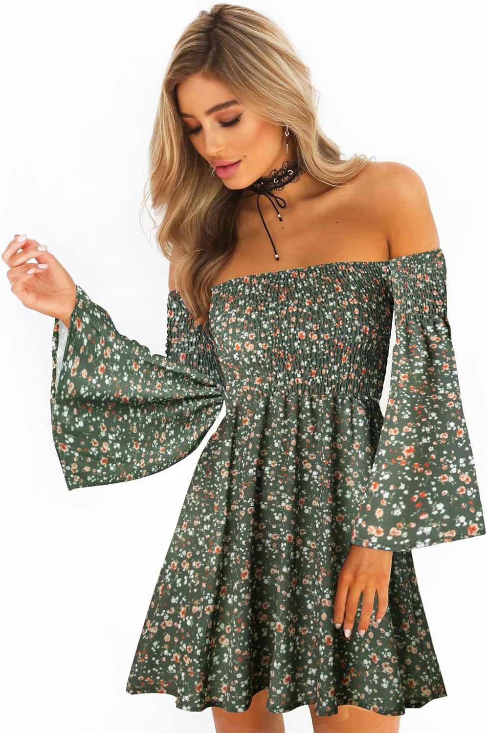 Women's Dress Summer Floral Long Sleeve Off Shoulder Casual Mini Dresses