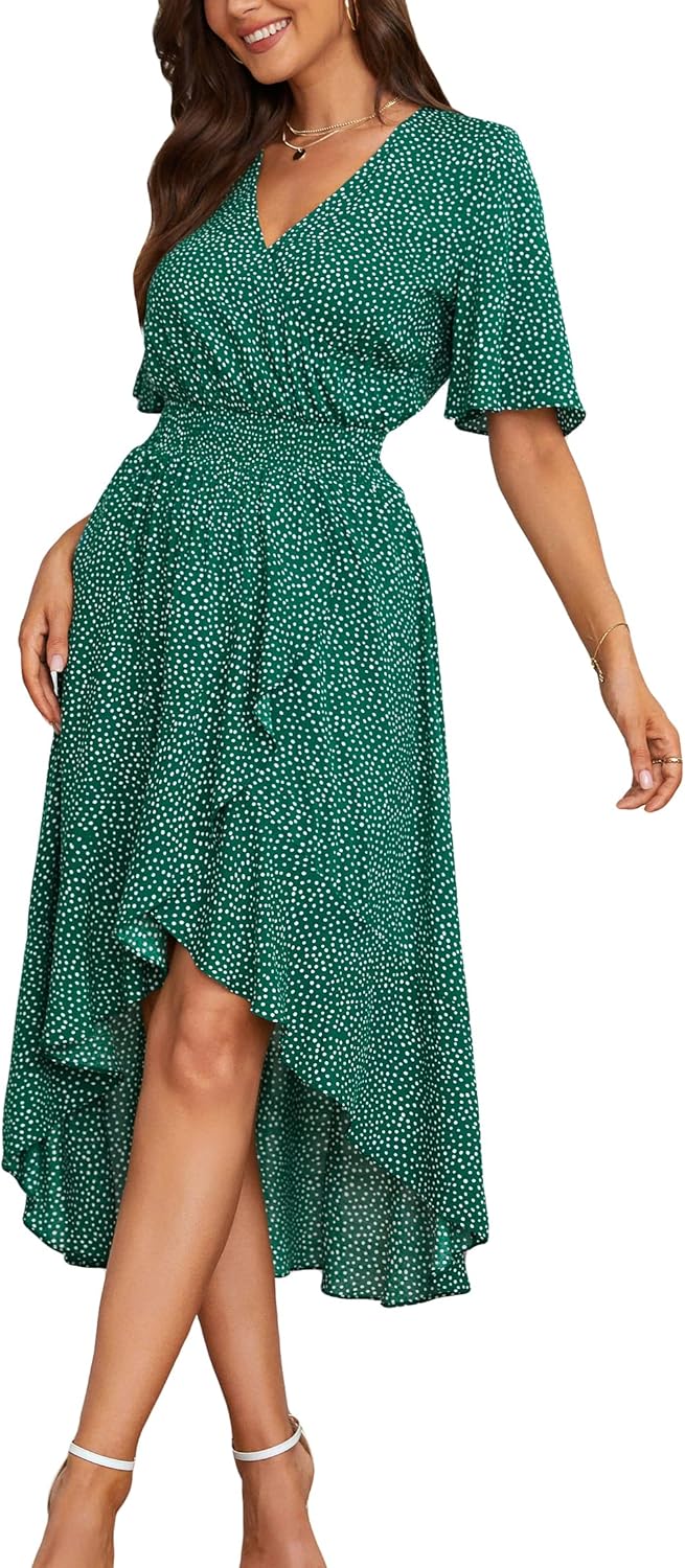 Womens Short Sleeve Floral High Low V-Neck Flowy Party Long Maxi Dress