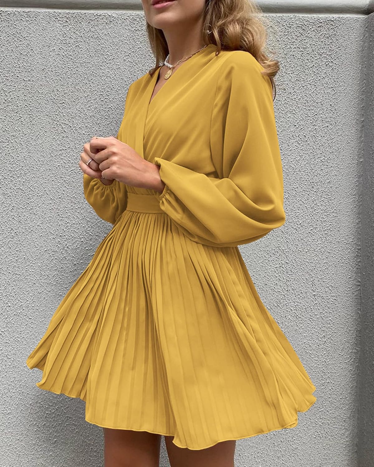 Women Casual Summer Fall Dresses 2023 Boho Wrap V Neck Puff Long Sleeve Cocktail Flowy Pleated A-Line Mini Dress
