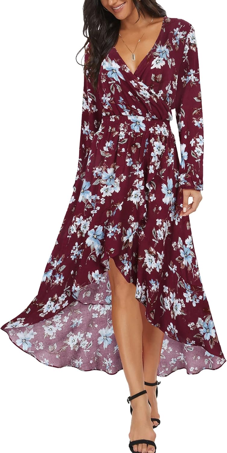 Womens Short Sleeve Floral High Low V-Neck Flowy Party Long Maxi Dress