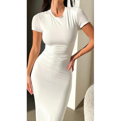 Women's Slim Style Solid Stretch Fabric Minimalist Crew Neck Short Sleeve Ruched Waist Sexy Chic Bodycon Maxi Dress - Casual Party Pencil Dress