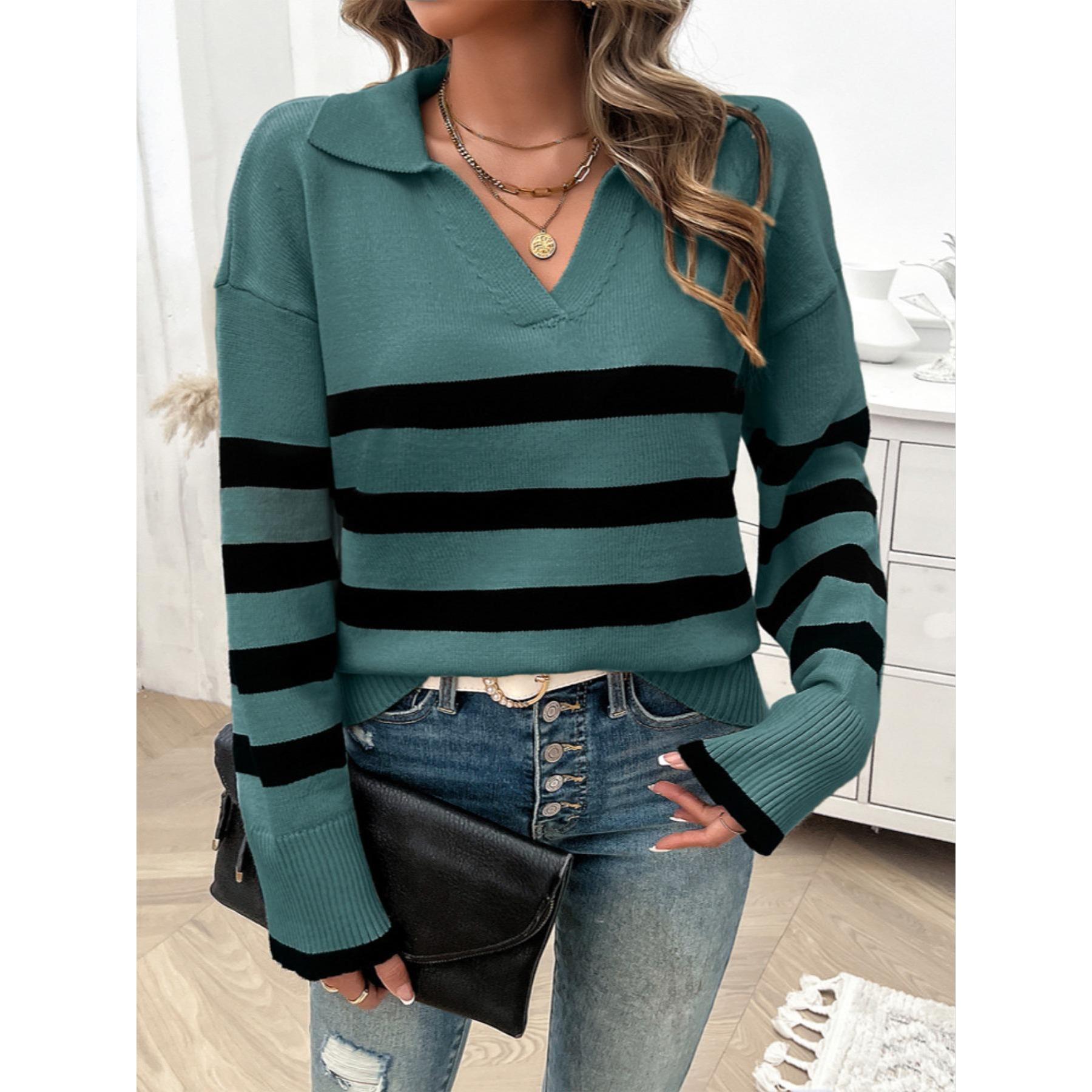 Women Polo Collar Striped Knit Sweater, Long Sleeve Color Block Loose Fit Fall Winter Casual Pullover Top