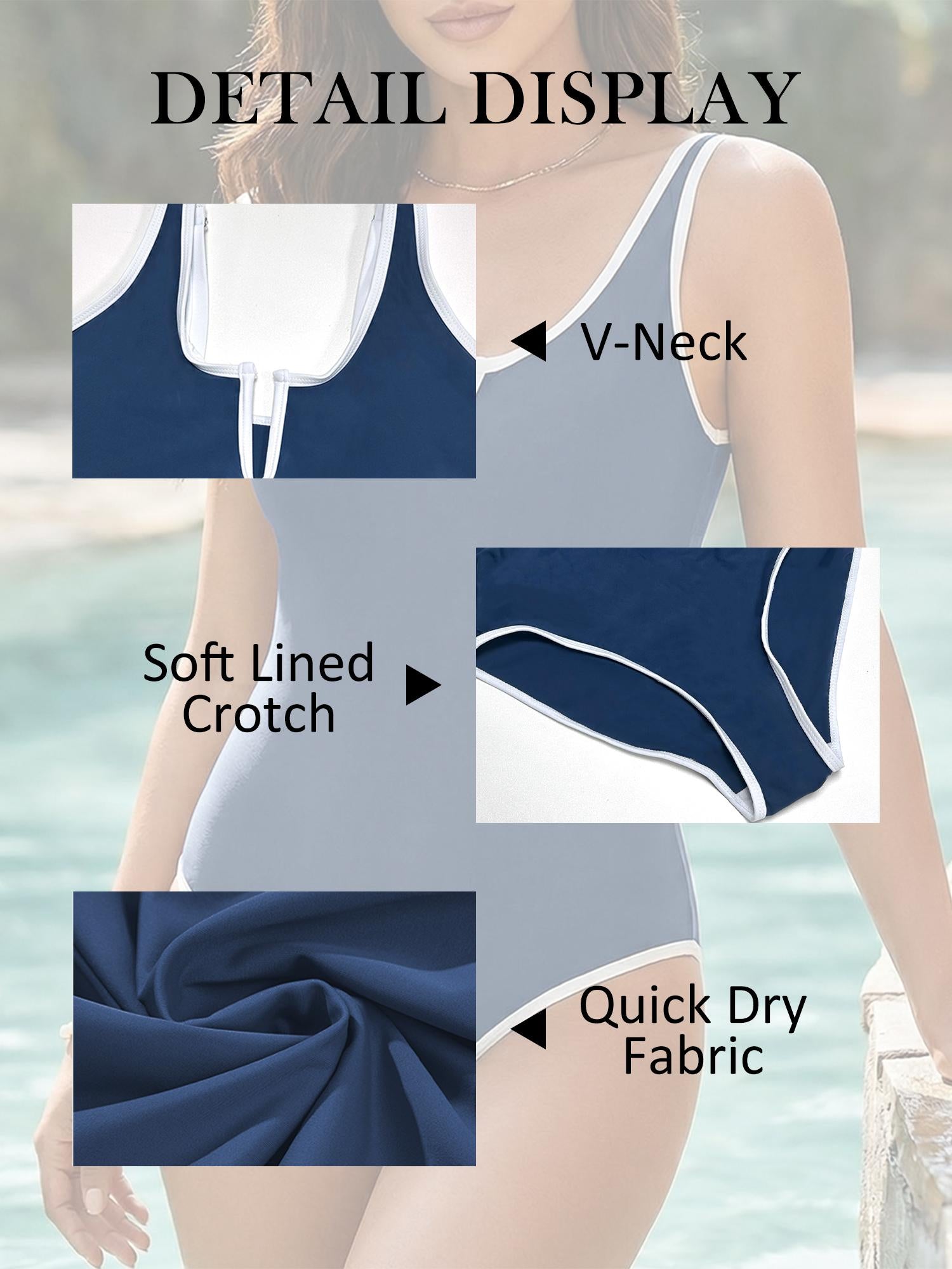 Women's Comfortable Well-Fitted Slim-Fit 1-Piece Bikini Swimming Suit - Synthetic Elastane, Deep V Neck, Contrast Trim, Fashion Design, Black, Breathable, Waterproof, Machine Washable Beach Sports Swimwear