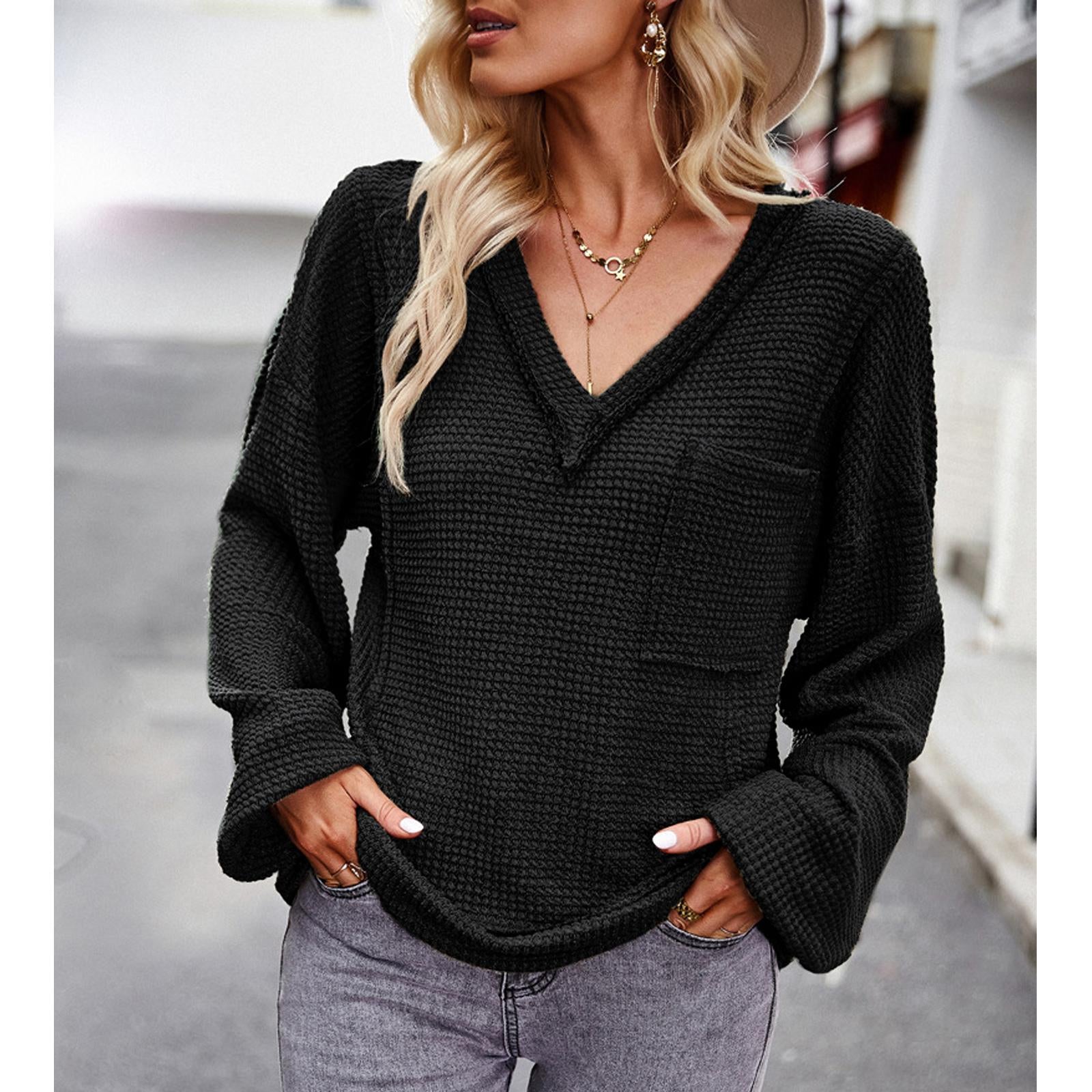 Women's Waffle Knit Raw Edge V-Neck Long Sleeve Blouse with Balloon Cuffs, Casual Loose Fit, Chest Pocket