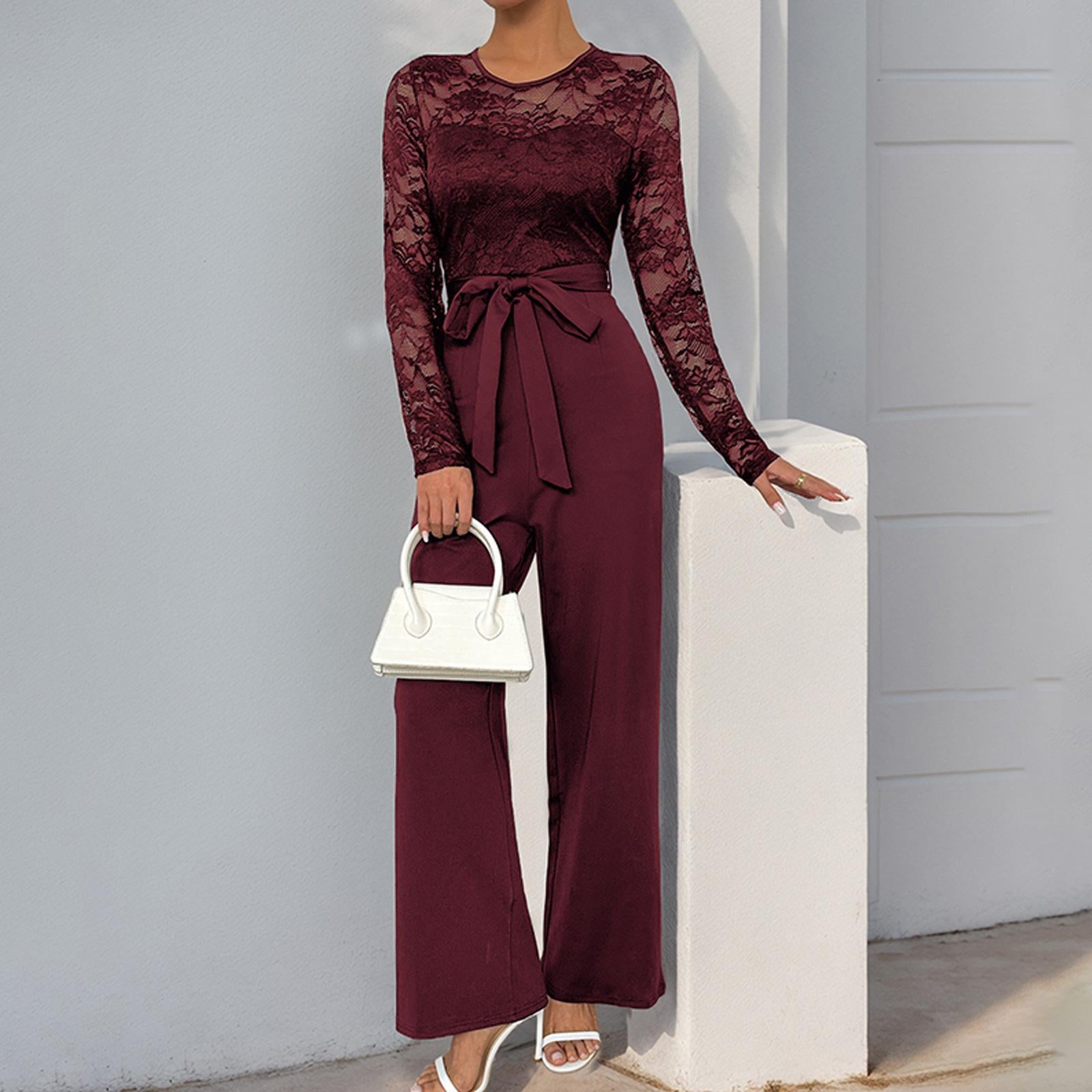 Elegant Lace Long Sleeve Jumpsuit for Women, Belted High Waist Wide Leg Formal Romper, Evening Party Wedding Guest Outfit