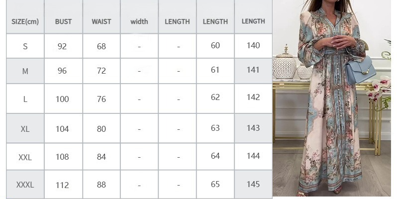 Elegant V-neck Print Long-sleeved Dress Long Dress