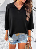 Women's Oversized Polo Collar Knit Top - 3/4 Sleeve, V-Notch, Side Split, Soft Casual Blouse for Daily Wear